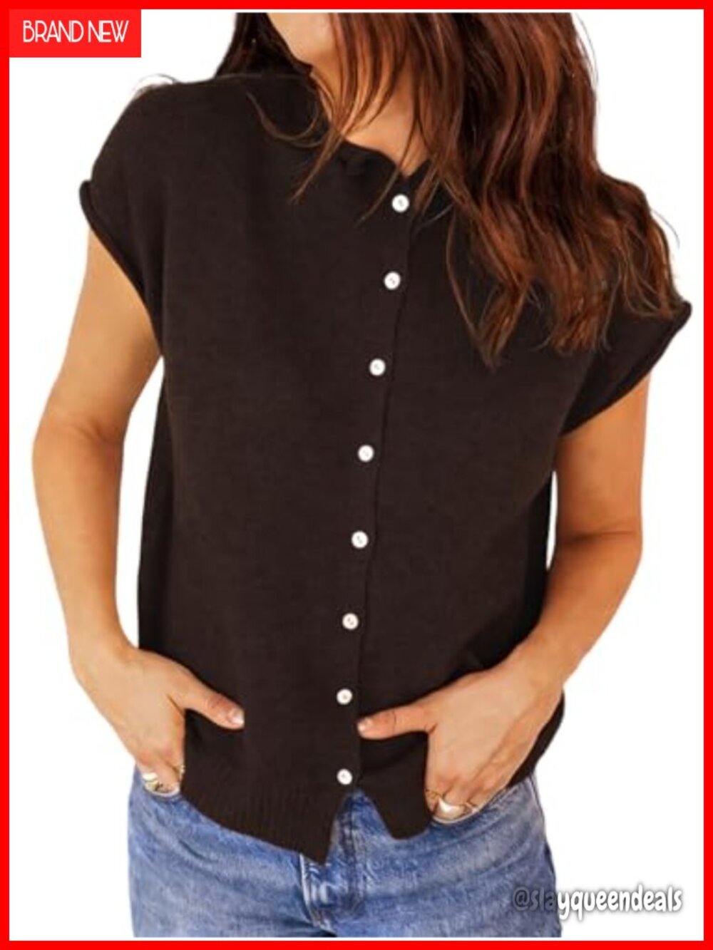 Womens Cap Sleeve Button Knit Cardigan Sweater Vest Lightweight